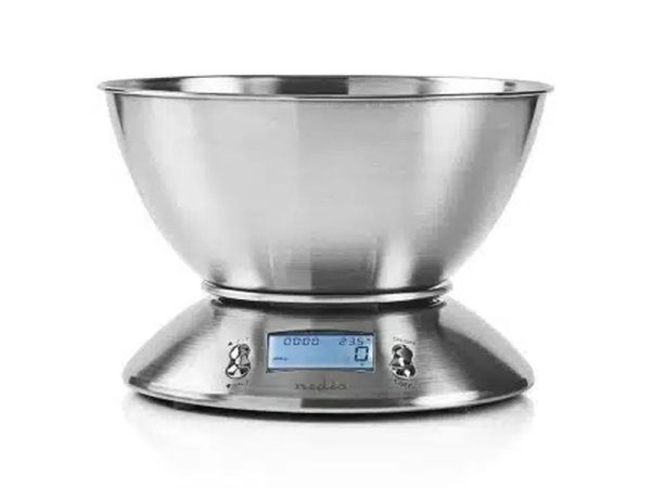 Cântar Metalic Digital de Bucătărie, Capacitate 5kg, Bol Detasabil, Termometru și Temporizator, Oțel Inoxidabil