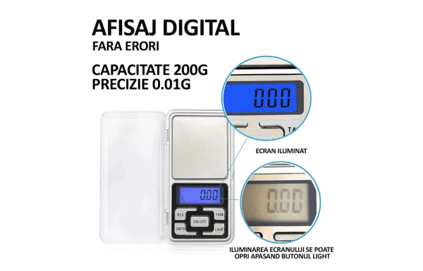 Mini Cântar Electronic de Buzunar – 200g / 0,01g, Afișaj LCD, Funcție TARE, Portabil și Precis - imagine 3
