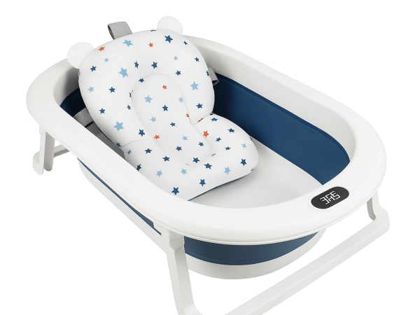 cadita cu pernuta pentru bebelusi termometru digital incorporat pliabila dop de scurgere picioare anti alunecare design ergonomic albastru