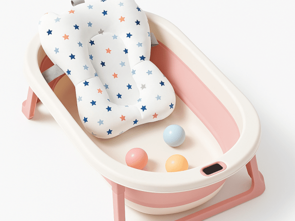 cadita cu pernuta pentru bebelusi termometru digital incorporat pliabila dop de scurgere picioare anti alunecare design ergonomic roz