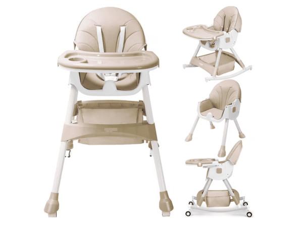 Scaun de masa bebe 4 in 1 little bird, Varsta 6-72 luni, Scaun inalt pliabil, cu 4 roti, Balansoar, 2 x Tava detasabila, Centura de siguranta in cinci puncte, Crem