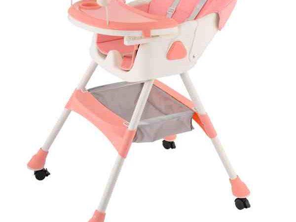 Scaun de masa bebe 4 in 1 , Varsta 6-72 luni, Scaun inalt pliabil, cu 4 roti, Balansoar, 2 x Tava detasabila, Centura de siguranta in cinci puncte, Roz