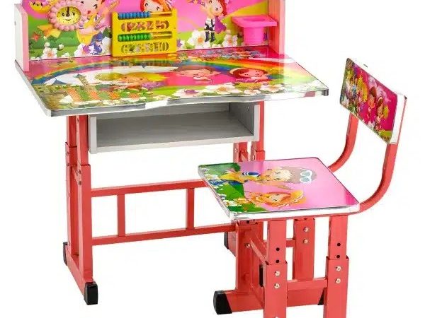 Birou mare cu scaun pentru copii, reglabile, cadru metalic si lemn, roz/pink