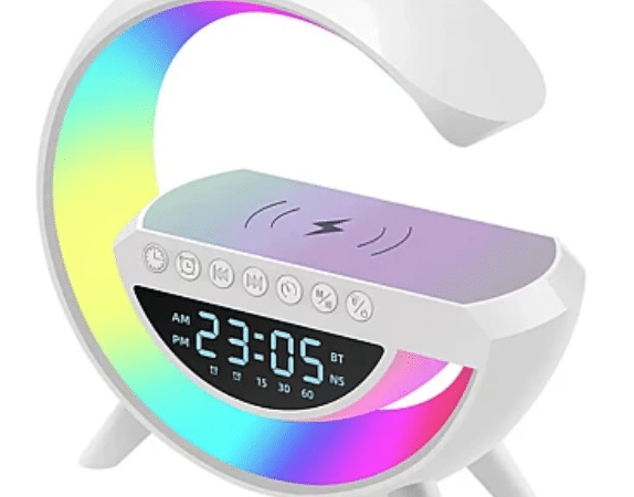 Boxa Multifunctionala G 3 in 1, Lampa LED RGB Smart,cu ceas, Boxa Bluetooth, Incarcator Telefon Wireless, Lumina RGB, Alb