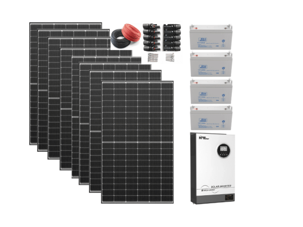 pachet 5kw ,9 panouri 540 invertor 5,2 kw hybird pro, 4 acumlatori 120a, mufe mc4 si cabluri 20mx4mm