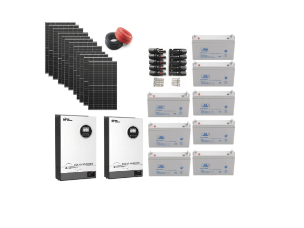 pachet 10kw,18 panouri 540, 2x invertor 5,2 kw hybird pro, 8x acumlatori 120a, 40x mufe mc4 si cabluri 50mx4mm.