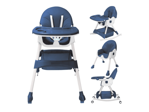 Scaun de masa bebe 4 in 1 , Varsta 6-72 luni, Scaun inalt pliabil, cu 4 roti, Balansoar, 2 x Tava detasabila, Centura de siguranta in cinci puncte, Albastru inchis