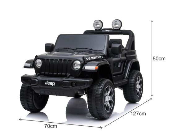 Mașinuță electrică pentru copii JEEP Wrangler, Negru, scaun din piele, Radio cu intrare Bluetooth și USB, unitate 4x4, baterie cu litiu, roți EVA, suspensii spate, telecomandă de 2,4 GHz, comutator funcție telecomandă/ pedală, licențiat