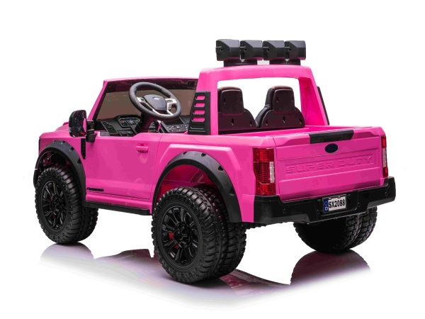Mașină electrică pentru copii Ford Super Duty 24V roz, două locuri, tracțiune 4X4, motoare performante 24V, baterie portabilă, roți duble EVA spate, scaun din plastic, telecomandă 2,4 GHz, rampă lumină cu LED, MP3 player intrare USB, licență ORIGINALĂ