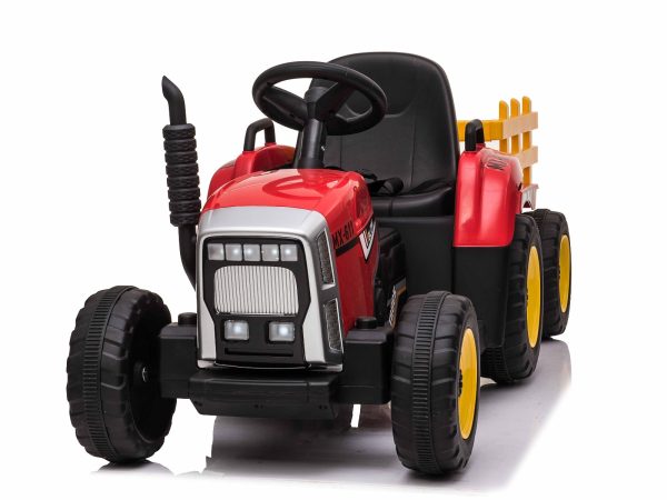 Tractor electric copii cu remorcă WORKERS, roșu, tracțiune spate, Baterie litiu, scaun lat, telecomandă de 2,4 GHz, player MP3 cu port USB, lumini LED