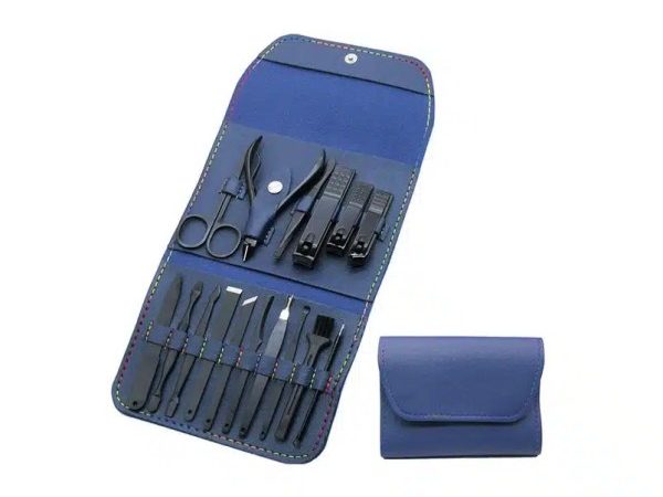 Trusa manichiura profesionala 16 piese, otel inoxidabil albastra