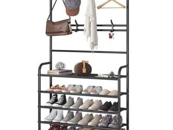 Cuier haine cu suport pantofi, 5 rafturi, 80 x 29.5 x 172 cm