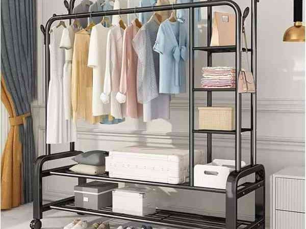 Cuier haine cu 2 suport pantofi, 5 rafturi, 135 x 50 x 162 cm