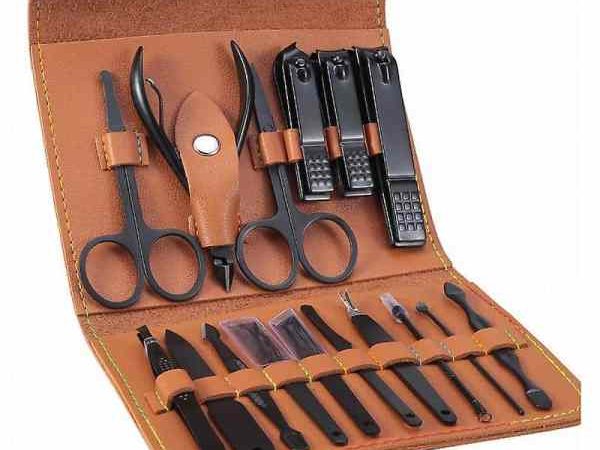 Trusa manichiura profesionala 16 piese, otel inoxidabil maro