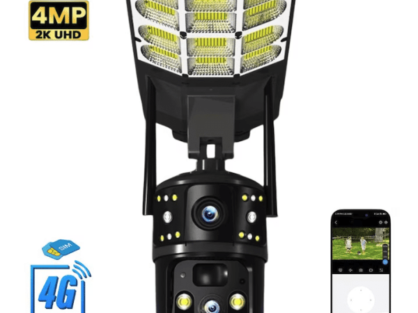 Camera de Supraveghere Duală 2in1, 4G SIM, PTZ, 2 Lentile, Panou Solar 16W, Acumulator 16000 mAh, Lumină Stradală 180W, Night Vision, microSD, Negru
