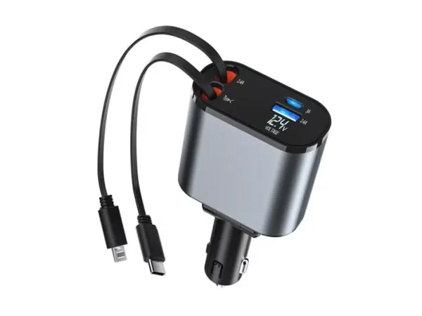 Incarcator Auto 4 in 1, multi-port, cabluri retractabile, USB-C si Lightning, 100W Incarcare rapida, Gri Metalic