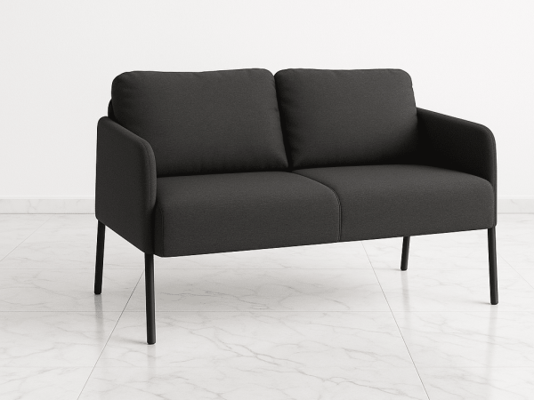 Canapea 2 locuri, gri închis, modernă, ergonomică, ușor de asamblat, confortabilă și durabilă.