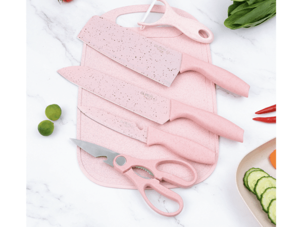 Set cuțite 6 piese – chef, pâine, satăr, decojit, foarfecă, fructe & legume – aliaj 3Cr13, antiaderent, roz