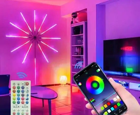 Banda artificii LED,Bluetooth/USB, Control prin telecomanda/telefon, RGB, Sincronizare audio, 2 cm, Multicolor