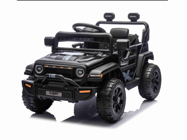 Mașina electrica copii OFFROAD NEW cu tracțiune spate, negru, baterie litiu, șasiu înalt, scaun larg, suspensie, telecomandă 2,4 GHz, lumini LED