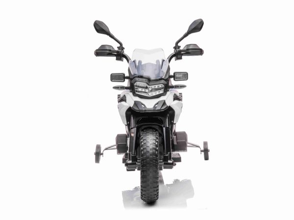 Motocicletă electrică BMW F850 GS, Licențiat, baterie 12V, roți moi EVA, motor 2 x 35W, lumini LED, roți auxiliare, alb