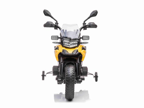 Motocicletă electrică BMW F850 GS, Licențiat, baterie 12V, roți moi EVA, motor 2 x 35W, lumini LED, roți auxiliare, galben