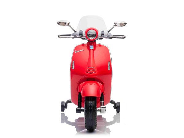 Motocicletă electrică Vespa 946 cu marșarier, roșie, cu roți ajutătoare, Model cu licență, Baterie cu litiu, 2x Motor 30W, Scaun piele, MP3 Player cu intrare USB