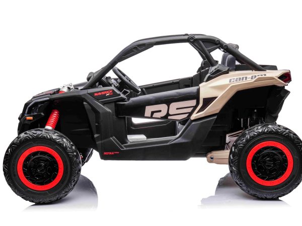 Mașină electrică copii Can-am Maverick 24V, negru, cu două locuri, suspensie spate, telecomandă 2,4 Ghz, Baterie litiu portabilă, 4 motoare de 200 W, roți EVA, scaune din piele, player MP3 cu intrare USB/SD, model cu licență