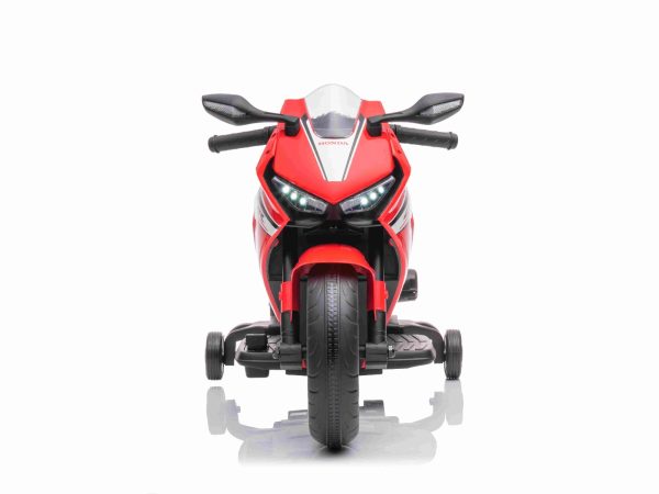 Motocicletă electrică HONDA CBR 1000RR, Licențiată, baterie 12V, roți plastic, motor 30W, lumini LED, cadru fix, roți auxiliare, roșu