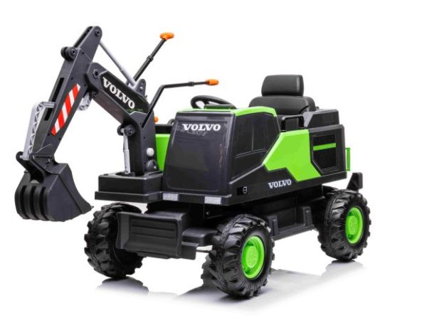 Excavator electric Volvo 12V cu cupă, un singur scaun, verde, scaun din piele moale, MP3 Player cu intrare USB/TF/AUX, tracțiune spate, Motor 2 x 35W, roți EVA, baterie 12V/14Ah