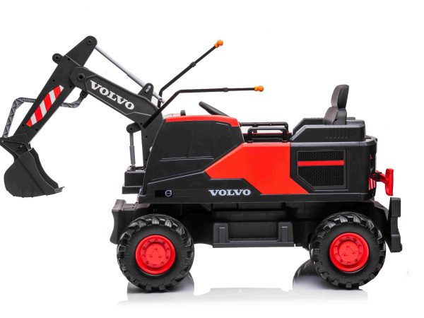 Excavator electric Volvo 12V cu cupă, un singur scaun, roșu, scaun din piele moale, MP3 Player cu intrare USB/TF/AUX, tracțiune spate, Motor 2 x 35W, roți EVA, baterie 12V/14Ah
