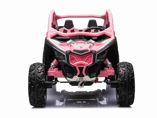 Mașină electrică copii Can-am Maverick 24V, Roz, cu două locuri, suspensie spate, telecomandă 2,4 Ghz, Baterie litiu portabilă, 4 motoare de 200 W, roți EVA, scaune din piele, player MP3 cu intrare USB/SD, model cu licență