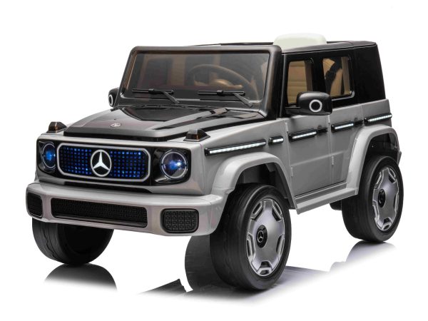 Mașinuță electrică de jucărie Mercedes-Benz EQG 12V, gri, componente ale caroseriei iluminate cu LED, lumini față și spate funcționale, telecomandă 2,4 GHz, intrare USB/Aux, baterie litiu, motor 2 x 35W, licență ORIGINALĂ