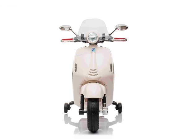 Motocicletă electrică Vespa 946 cu marșarier, albă, cu roți ajutătoare, Model cu licență, Baterie cu litiu, 2x Motor 30W, Scaun piele, MP3 Player cu intrare USB