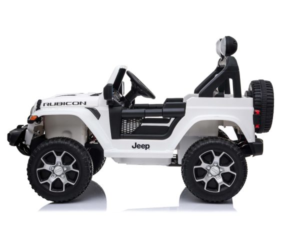 Mașinuță electrică pentru copii JEEP Wrangler, Alb, scaun din piele, Radio cu intrare Bluetooth și USB, unitate 4x4, baterie cu litiu, roți EVA, suspensii spate, telecomandă de 2,4 GHz, comutator funcție telecomandă/ pedală, licențiat