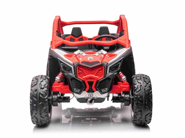 Mașină electrică copii Can-am Maverick 24V, roșu, cu două locuri, suspensie spate, telecomandă 2,4 Ghz, Baterie litiu portabilă, 4 motoare de 200 W, roți EVA, scaune din piele, player MP3 cu intrare USB/SD, model cu licență