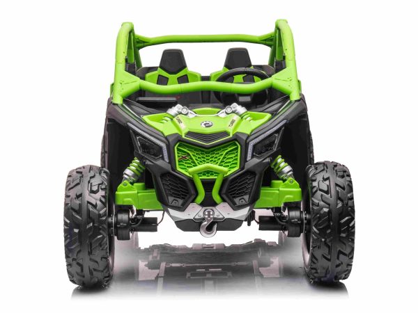 Mașină electrică copii Can-am Maverick 24V, verde, cu două locuri, suspensie spate, telecomandă 2,4 Ghz, Baterie litiu portabilă, 4 motoare de 200 W, roți EVA, scaune din piele, player MP3 cu intrare USB/SD, model cu licență