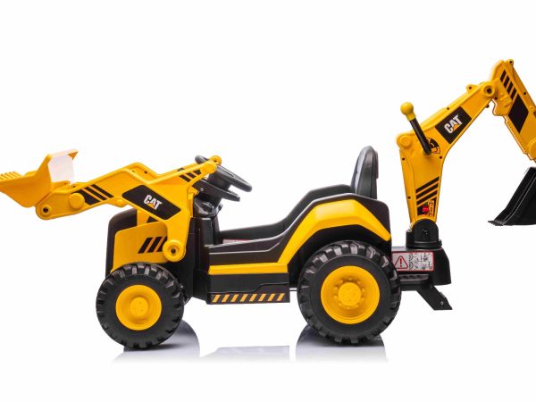 Excavator electric Caterpillar model cu licență cu cupă de excavare față și spate, scaun unic, galben, intrare USB pentru player MP3, tracțiune spate cu 2 motoare de 30 W și baterie litiu