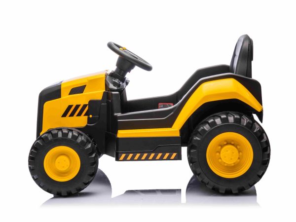 Excavator electric Caterpillar model cu licență, cu un singur scaun, galben, intrare USB pentru player MP3, tracțiune spate cu 2 motoare de 30 W și baterie litiu