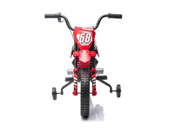 Motocicletă electrică MOTOCROSS, roșu, baterie 12V, roți moi EVA, scaun piele, motor 2 x 25 W, suspensie, cadru metalic, player MP3 cu Bluetooth, roți ajutătoare