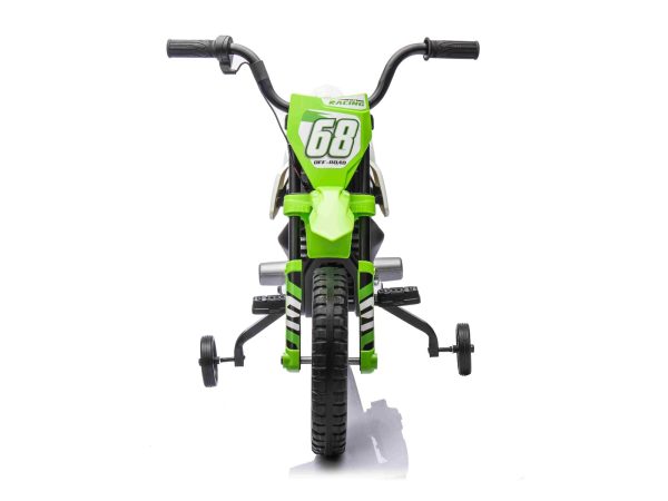 Motocicletă electrică MOTOCROSS, verde, baterie 12V, roți moi EVA, scaun piele, motor 2 x 25 W, suspensie, cadru metalic, player MP3 cu Bluetooth, roți ajutătoare