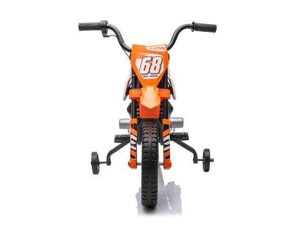 Motocicletă electrică MOTOCROSS, portocaliu, baterie 12V, roți moi EVA, scaun piele, motor 2 x 25 W, suspensie, cadru metalic, player MP3 cu Bluetooth, roți ajutătoare
