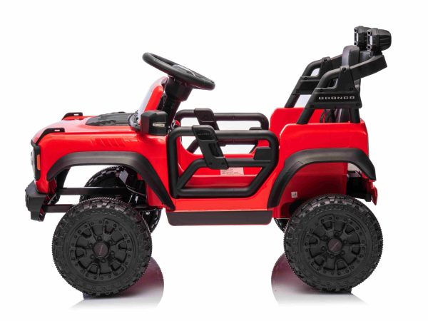 Mașina electrica copii Ford Bronco cu tracțiune spate cu licență (un singur loc), roșu, baterie litiu, șasiu înalt, scaun lat, axă suspensie spate, telecomandă 2,4 GHz, player MP3 cu intrare USB, lumini LED