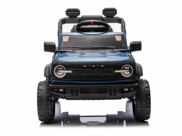 Mașina electrica copii Ford Bronco cu tracțiune spate cu licență (un singur loc), albastru, baterie litiu, șasiu înalt, scaun lat, axă suspensie spate, telecomandă 2,4 GHz, player MP3 cu intrare USB, lumini LED