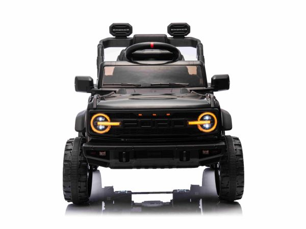 Mașina electrica copii Ford Bronco cu tracțiune spate cu licență (un singur loc), negru, baterie litiu, șasiu înalt, scaun lat, axă suspensie spate, telecomandă 2,4 GHz, player MP3 cu intrare USB, lumini LED