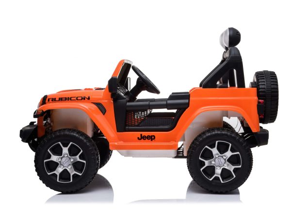 Mașinuță electrică pentru copii JEEP Wrangler, Portocaliu, scaun din piele, Radio cu intrare Bluetooth și USB, unitate 4x4, baterie cu litiu, roți EVA, suspensii spate, telecomandă de 2,4 GHz, comutator funcție telecomandă/ pedală, licențiat