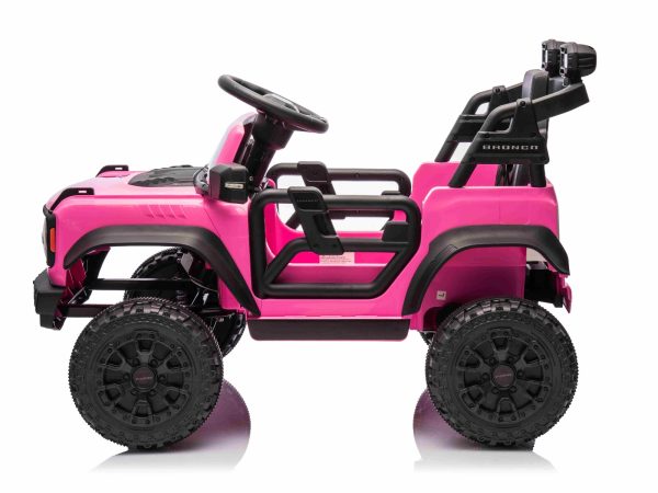 Mașina electrica copii Ford Bronco cu tracțiune spate cu licență (un singur loc), roz, baterie litiu, șasiu înalt, scaun lat, axă suspensie spate, telecomandă 2,4 GHz, player MP3 cu intrare USB, lumini LED