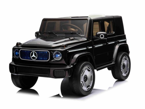 Mașinuță electrică de jucărie Mercedes-Benz EQG 12V, negru, componente ale caroseriei iluminate cu LED, lumini față și spate funcționale, telecomandă 2,4 GHz, intrare USB/Aux, baterie litiu, motor 2 x 35W, licență ORIGINALĂ