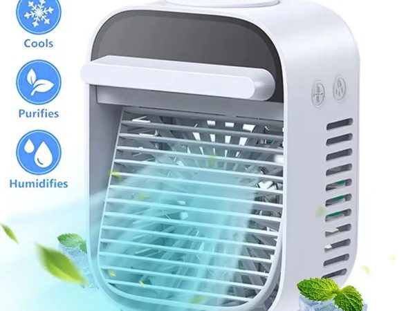Mini Racitor aer portabil, air cooler, 3 functii racire, umidificare, purificare aer, lumina LED 7 culori, Alimentare USB, Alb