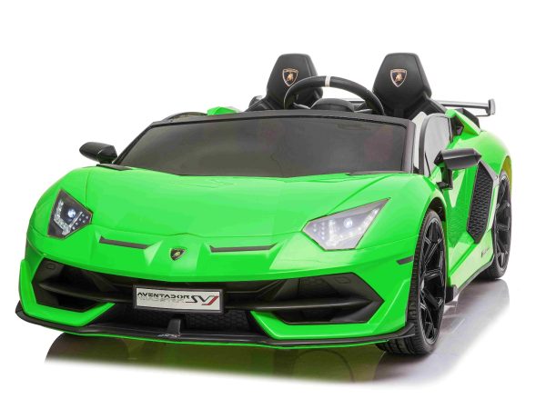 Mașină electrică copii Lamborghini Aventador 24V două locuri, caroserie lăcuită verde, 2.4 GHz DO, scaune moi din PU, afișaj LCD, suspensie, uși cu deschidere verticală, roți EVA moi, MOTOR 2 X 45W, licență ORIGINALĂ